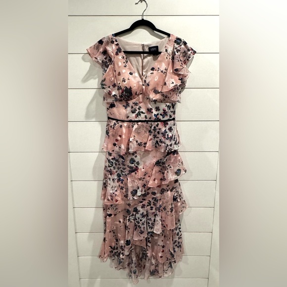 Marchesa Notte pink floral chiffon ruffle floral midi dress - Picture 4 of 8